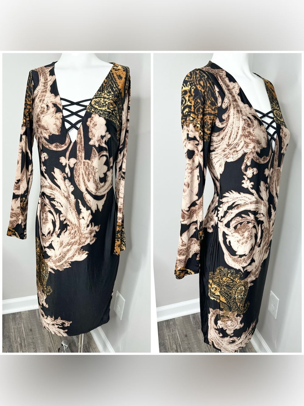 VENUS Black Long-Sleeve Crisscross V-Neck Baroque Print Dress- medium